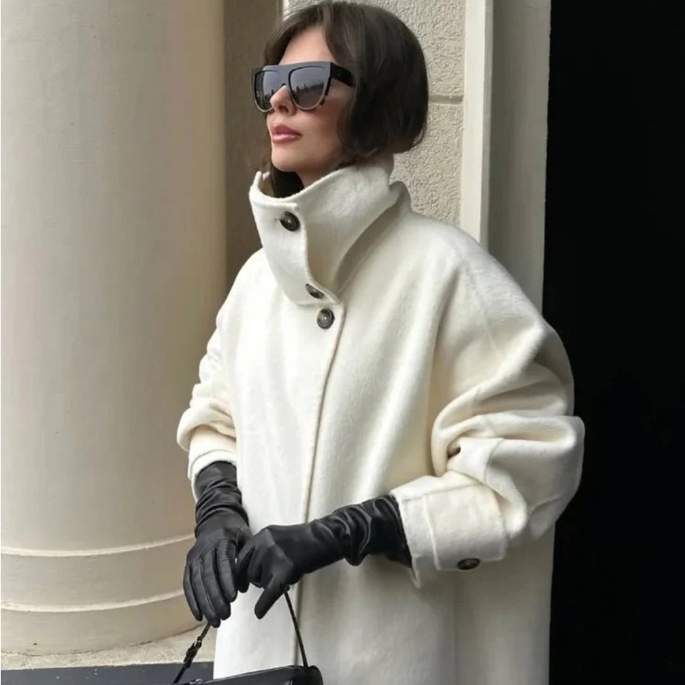 NWT Soera Off-White Funnel Neck Long Faux Wool Coat Small